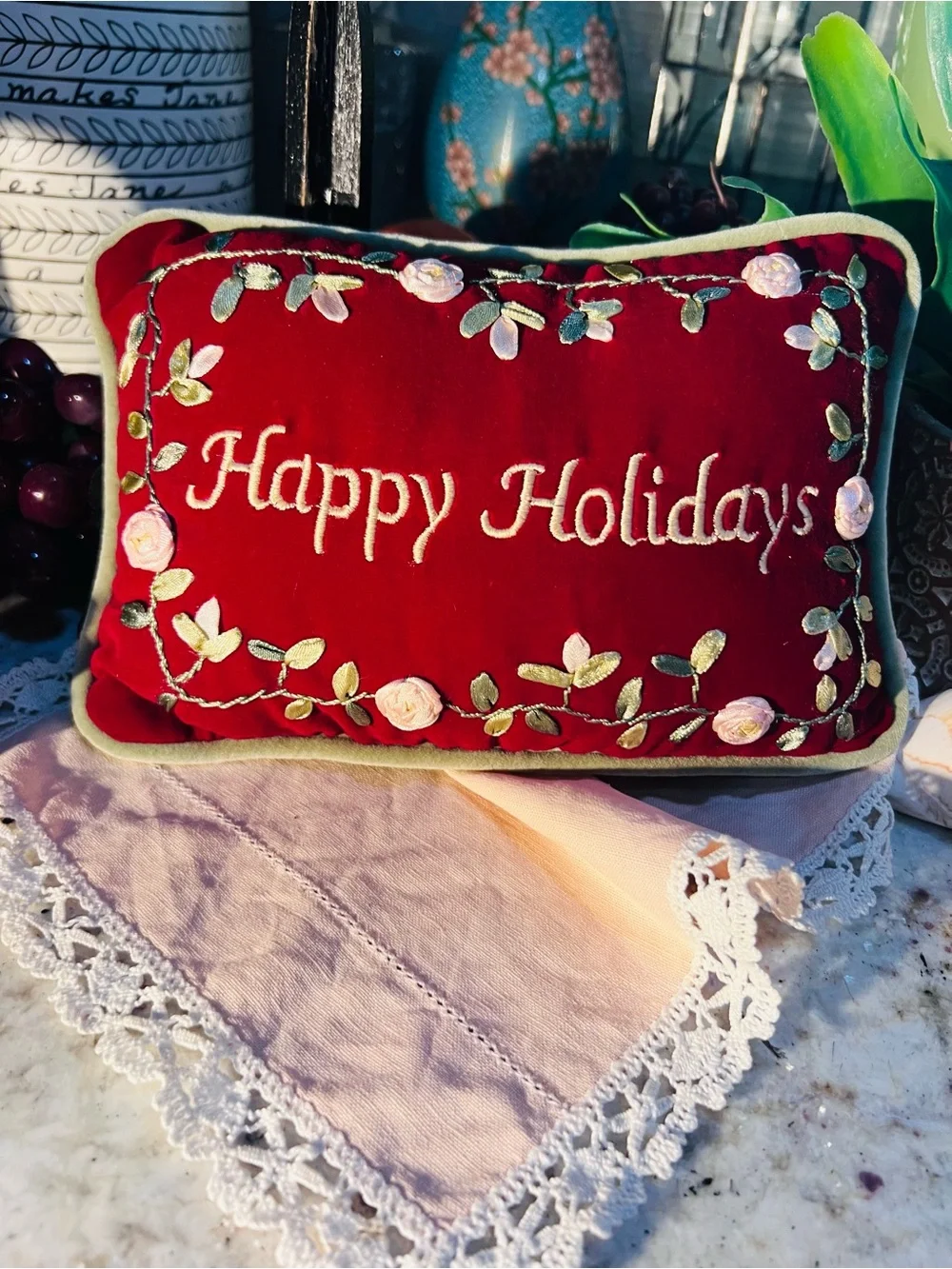 Embroidered 'Happy Holidays' Red Christmas Pillow Like New!
